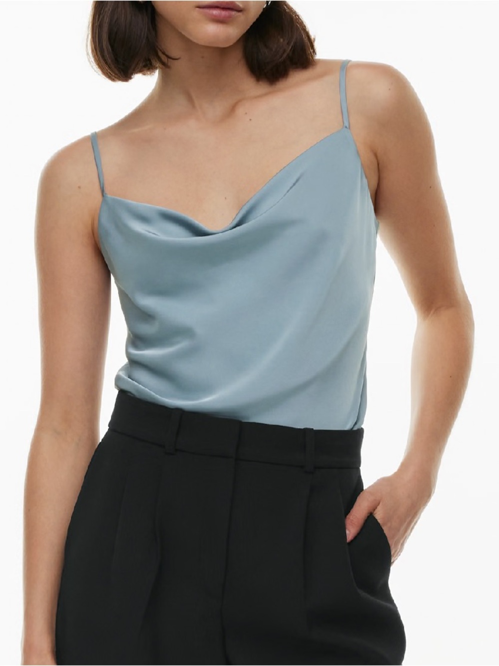 NWT Aritzia Babaton Cowlneck Satin Cami in Slab Blue